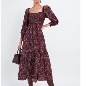 Pink City Prints Cedar Jaal Dress Red Blue Floral Smocked Midi Womens Small